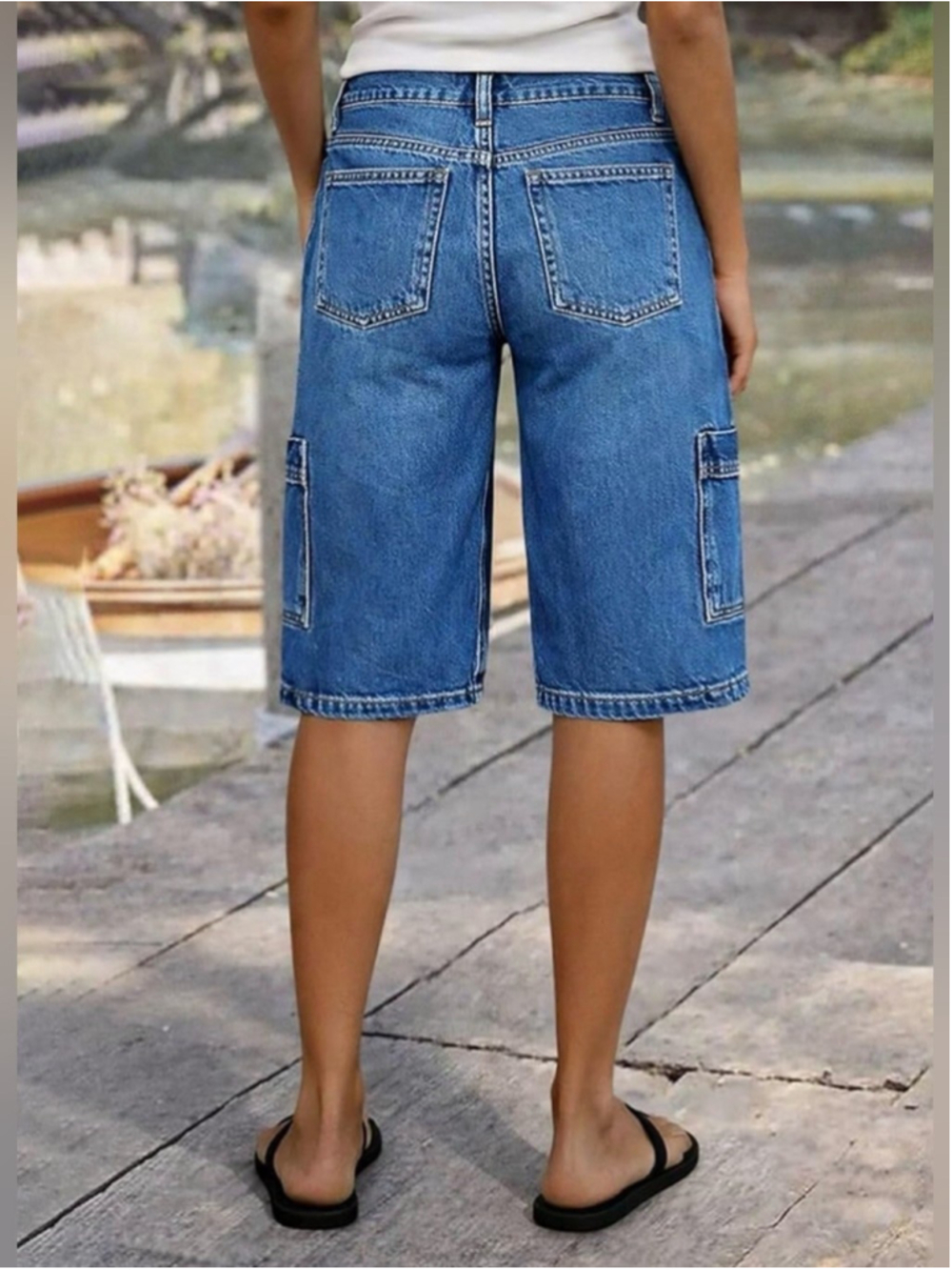 Flamingals Mid Waist Denim Bermuda Shorts Wash Pocket Side Knee Length Cargo - Picture 3 of 8